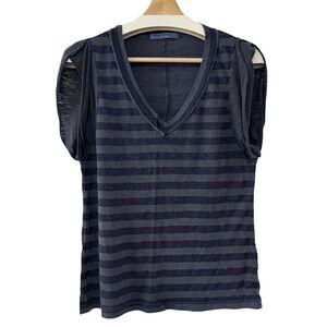 STATESIDE‎ Stripe Tee Navy Blue Cotton V-Neck T-Shirt USA Classic Women's S